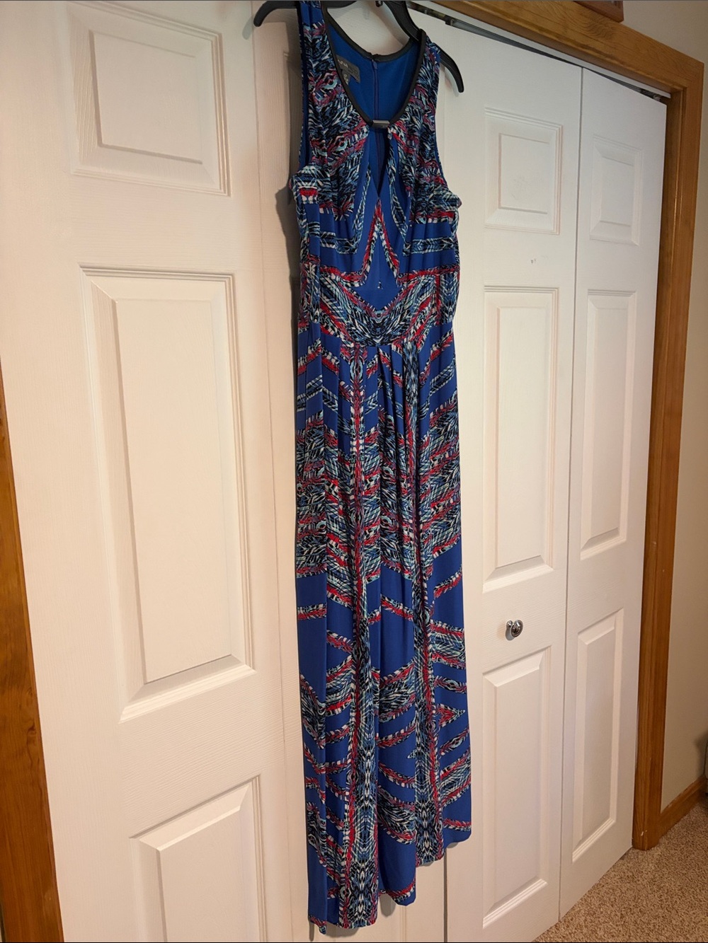 Donna Ricco Blue Printed Maxi Dress with Red & White Accents